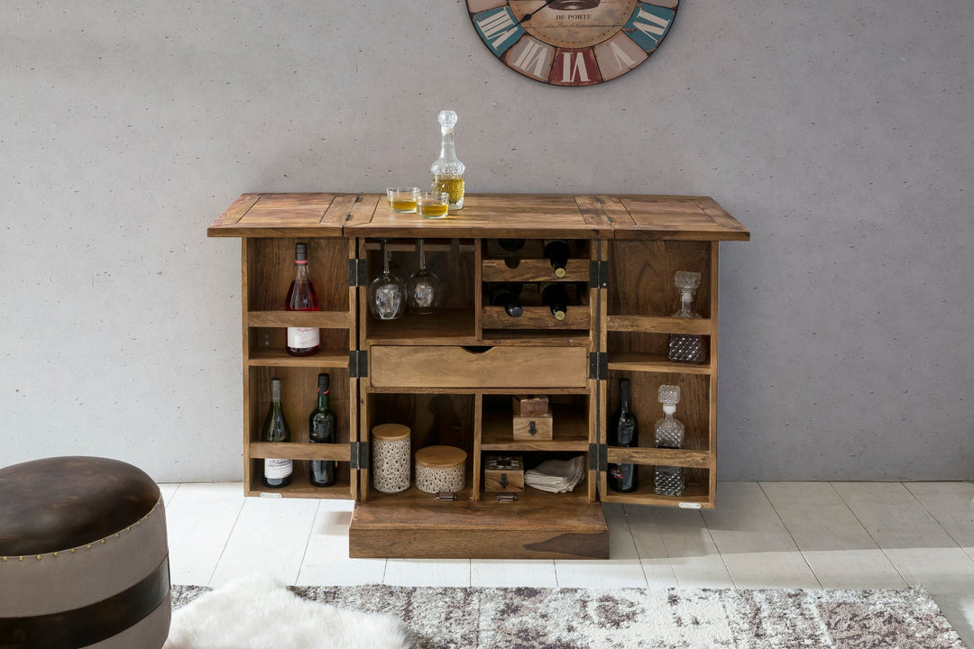 Kommode massivt træ 65x91x50 cm vinbar foldbar, lille bar moderne, barskab med døre, med opbevaringsplads til flasker og glas