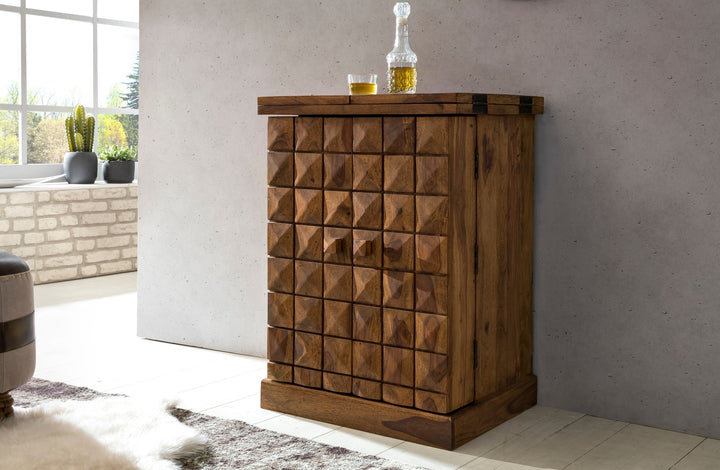 Kommode massivt træ 65x91x50 cm vinbar foldbar, lille bar moderne, barskab med døre, med opbevaringsplads til flasker og glas