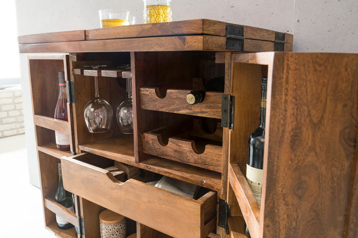 Kommode massivt træ 65x91x50 cm vinbar foldbar, lille bar moderne, barskab med døre, med opbevaringsplads til flasker og glas
