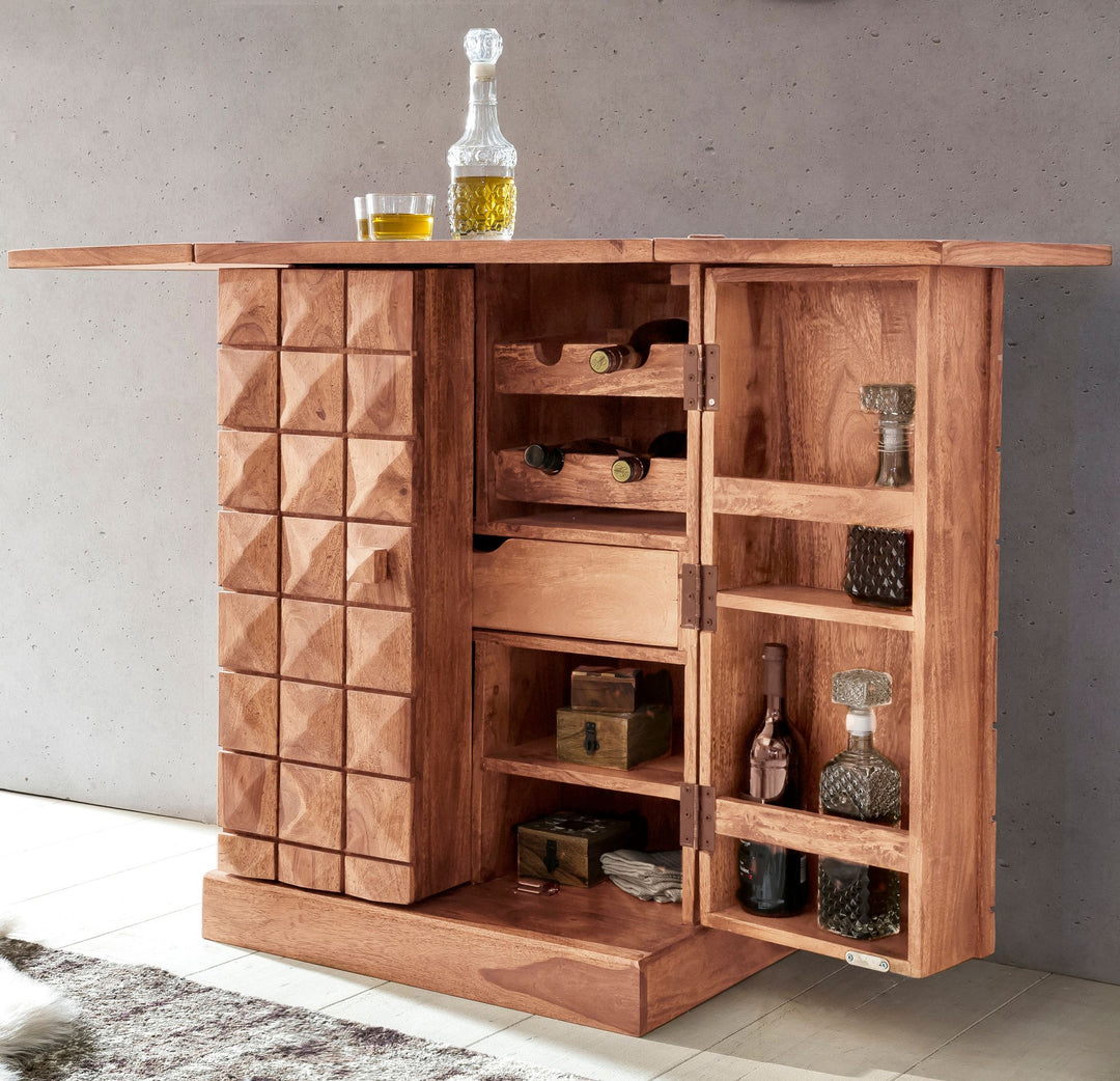 Kommode massivt træ 65x91x50 cm med foldbar vinbar, lille moderne bar, barskab med døre, med opbevaringsplads til flasker og glas