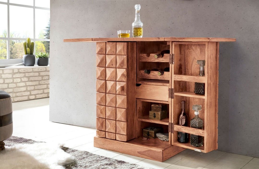 Kommode massivt træ 65x91x50 cm med foldbar vinbar, lille moderne bar, barskab med døre, med opbevaringsplads til flasker og glas