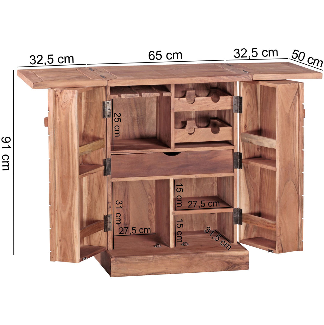 Kommode massivt træ 65x91x50 cm med foldbar vinbar, lille moderne bar, barskab med døre, med opbevaringsplads til flasker og glas