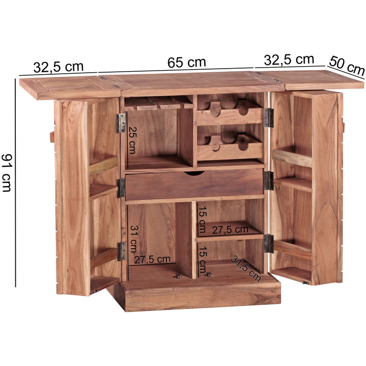 Kommode massivt træ 65x91x50 cm med foldbar vinbar, lille moderne bar, barskab med døre, med opbevaringsplads til flasker og glas