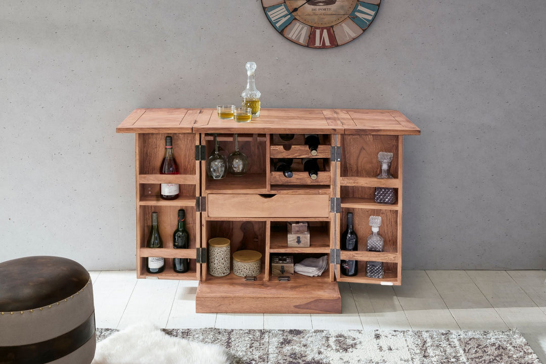 Kommode massivt træ 65x91x50 cm med foldbar vinbar, lille moderne bar, barskab med døre, med opbevaringsplads til flasker og glas