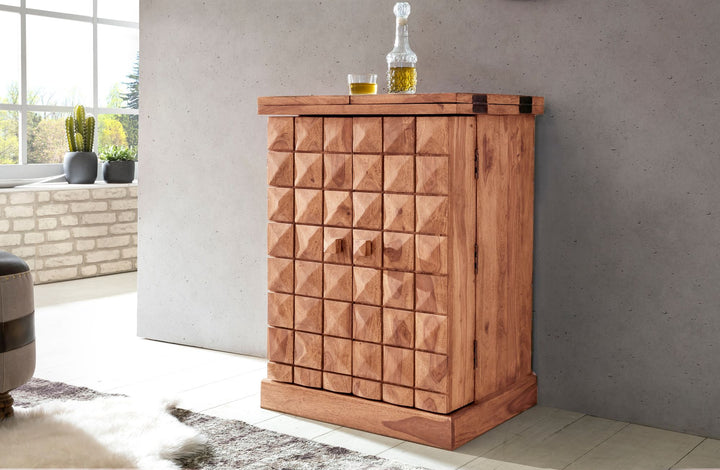 Kommode massivt træ 65x91x50 cm med foldbar vinbar, lille moderne bar, barskab med døre, med opbevaringsplads til flasker og glas