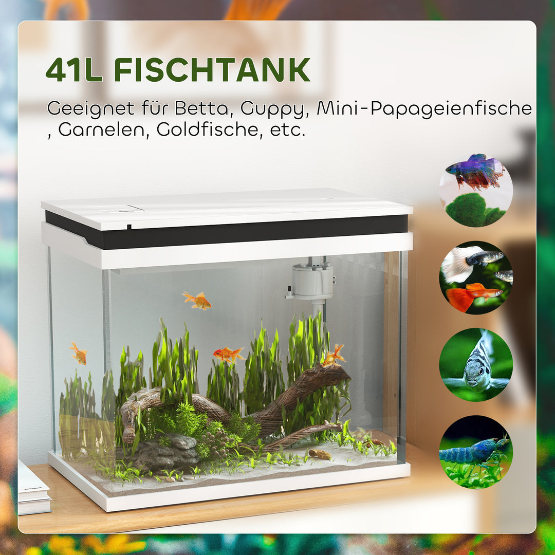 41-liters glasakvarium med filtersystem, LED-lys, vandpumpe, til forskellige fiskearter, hvid