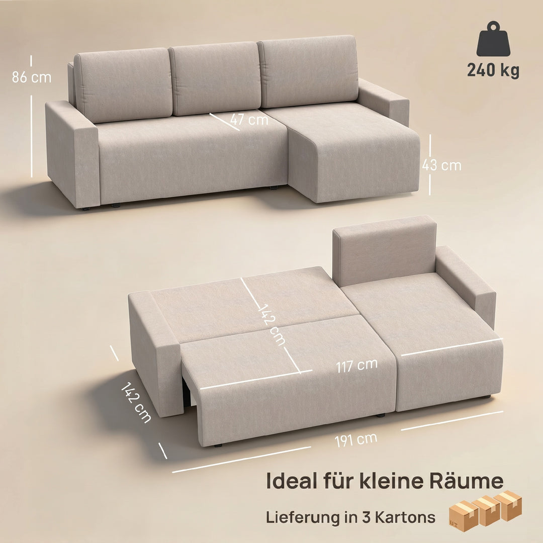 Hjørnesofa med sovefunktion og vendbar chaiselong, L-formet 3-personers sofa med velourbetræk, beige