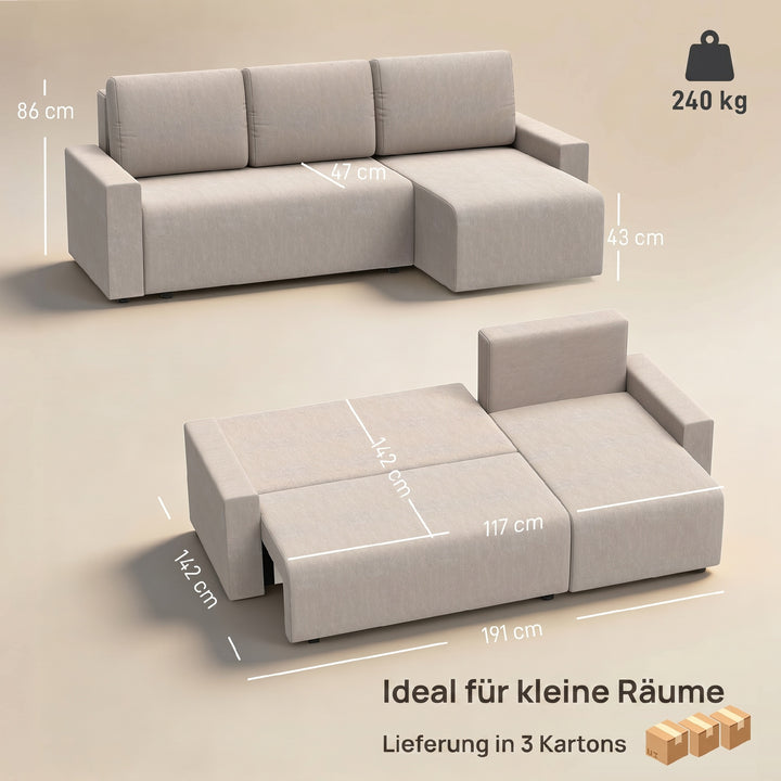 Hjørnesofa med sovefunktion og vendbar chaiselong, L-formet 3-personers sofa med velourbetræk, beige
