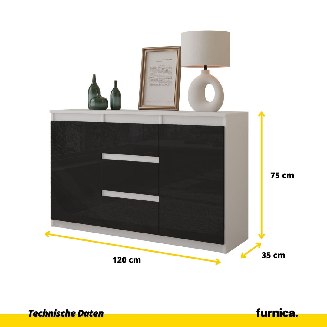 MIKEL - Kommode med 3 skuffer - mat hvid / højglans sort H75cm B120cm D35cm