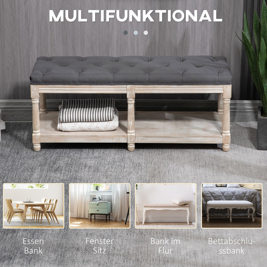 Vintage design opbevaringsbænk med knapper, gummitræ, 115x40x48cm, grå