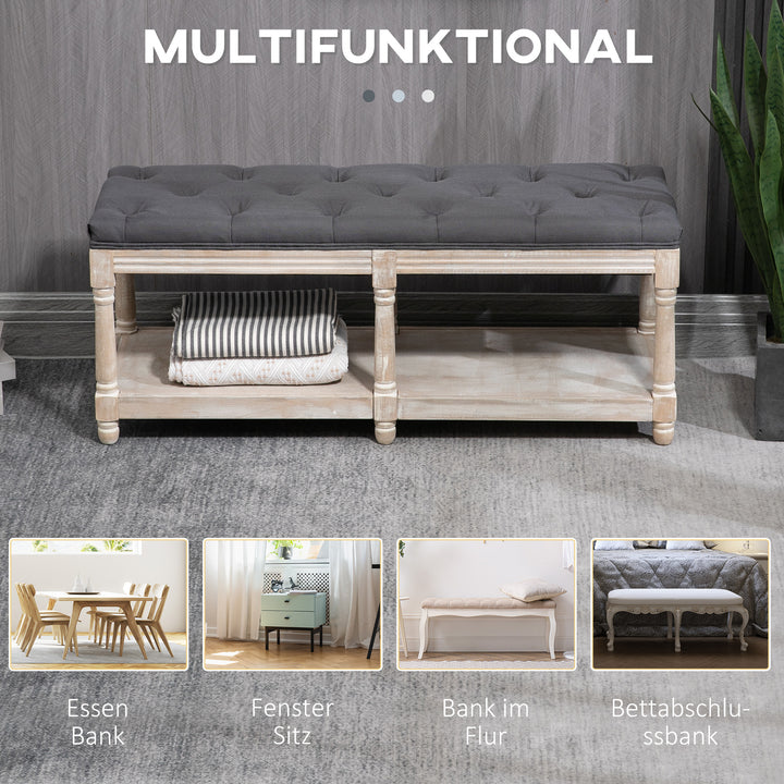 Vintage design opbevaringsbænk med knapper, gummitræ, 115x40x48cm, grå