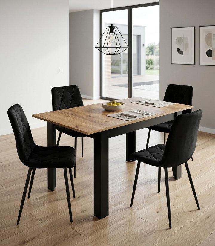 Moderne rektangulært udtræksbord, 120/160 x 80 cm, ben, sort