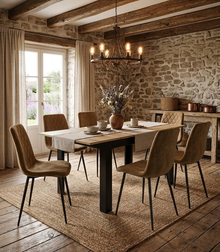 Naturfarvet spisebord, sorte ben, 120-160x80 cm