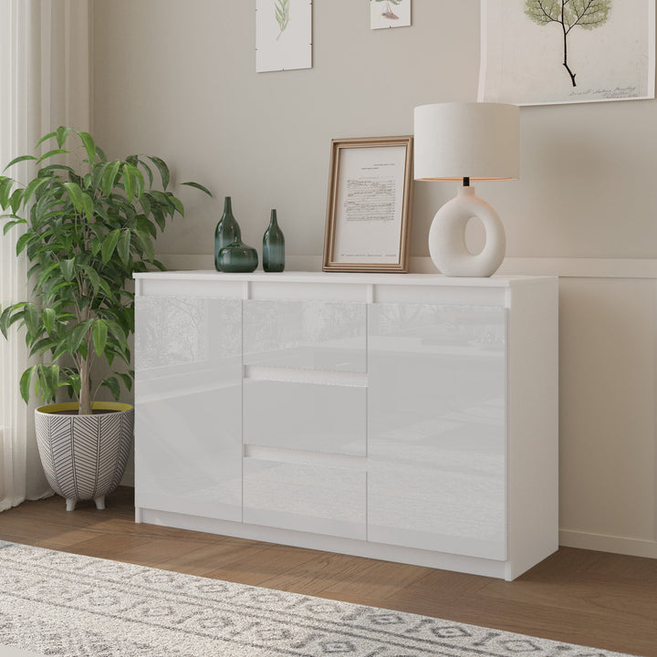 MIKEL - Kommode med 3 skuffer - mat hvid / højglans hvid H75cm B120cm D35cm