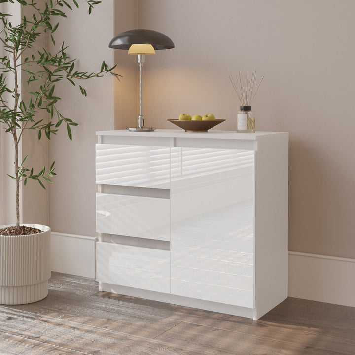MIKEL - Kommode med 3 skuffer - mat hvid / højglans hvid H75cm B80cm D35cm