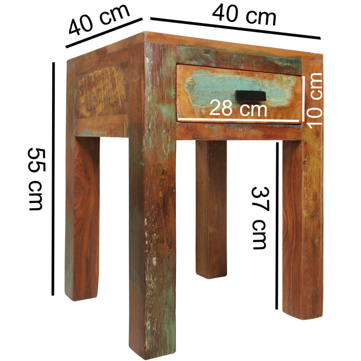 Calcutta sengebord, 40 x 40 x 55 cm, natbord i massivt mangotræ med skuffe, lille sidebord i shabby chic-stil, stuebord, natbord