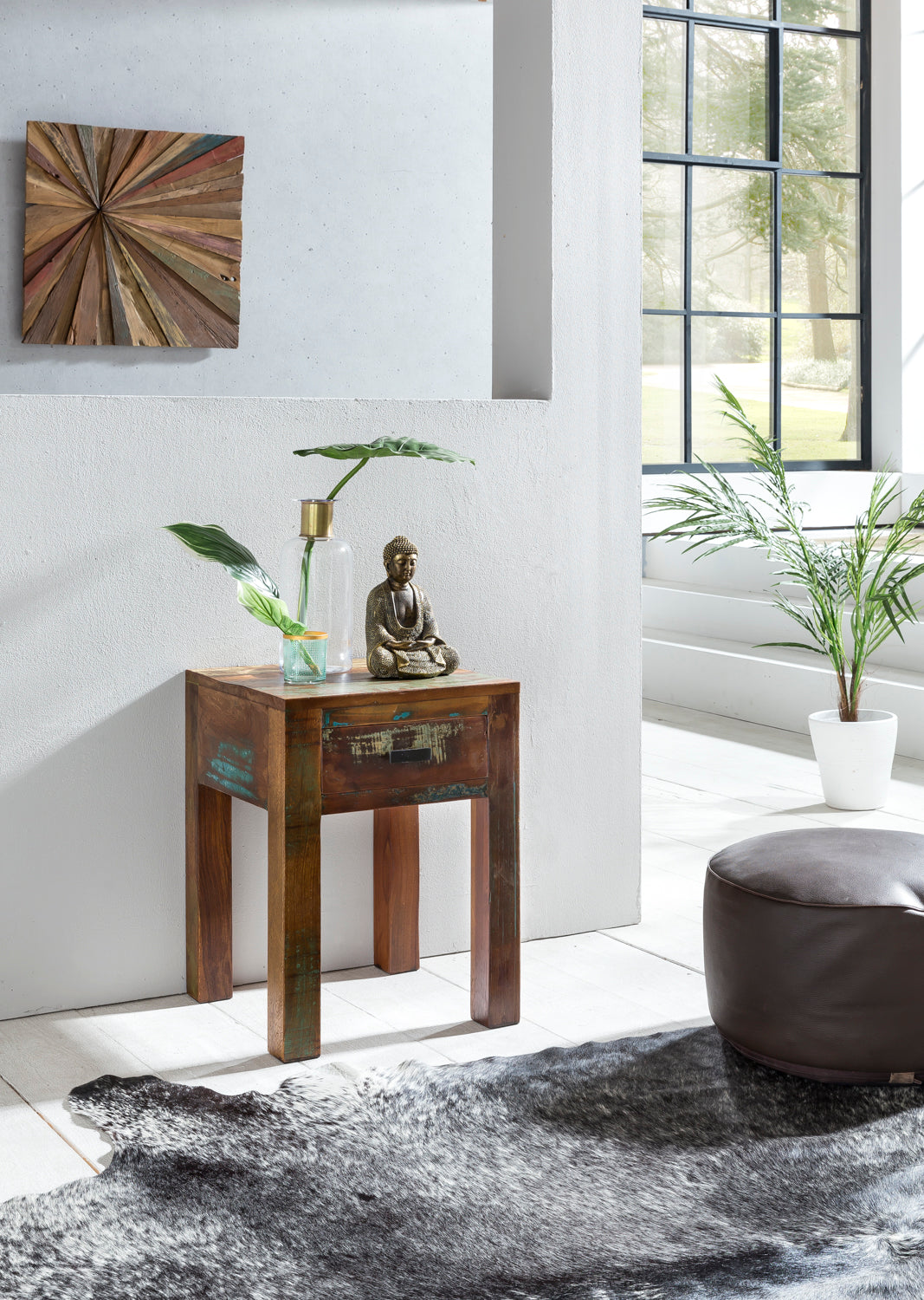 Calcutta sengebord, 40 x 40 x 55 cm, natbord i massivt mangotræ med skuffe, lille sidebord i shabby chic-stil, stuebord, natbord