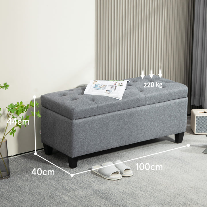 Bænk, polstret bænk med opbevaring, hørlignende polyester, gummitræ, 100 x 40 x 44 cm, lysegrå