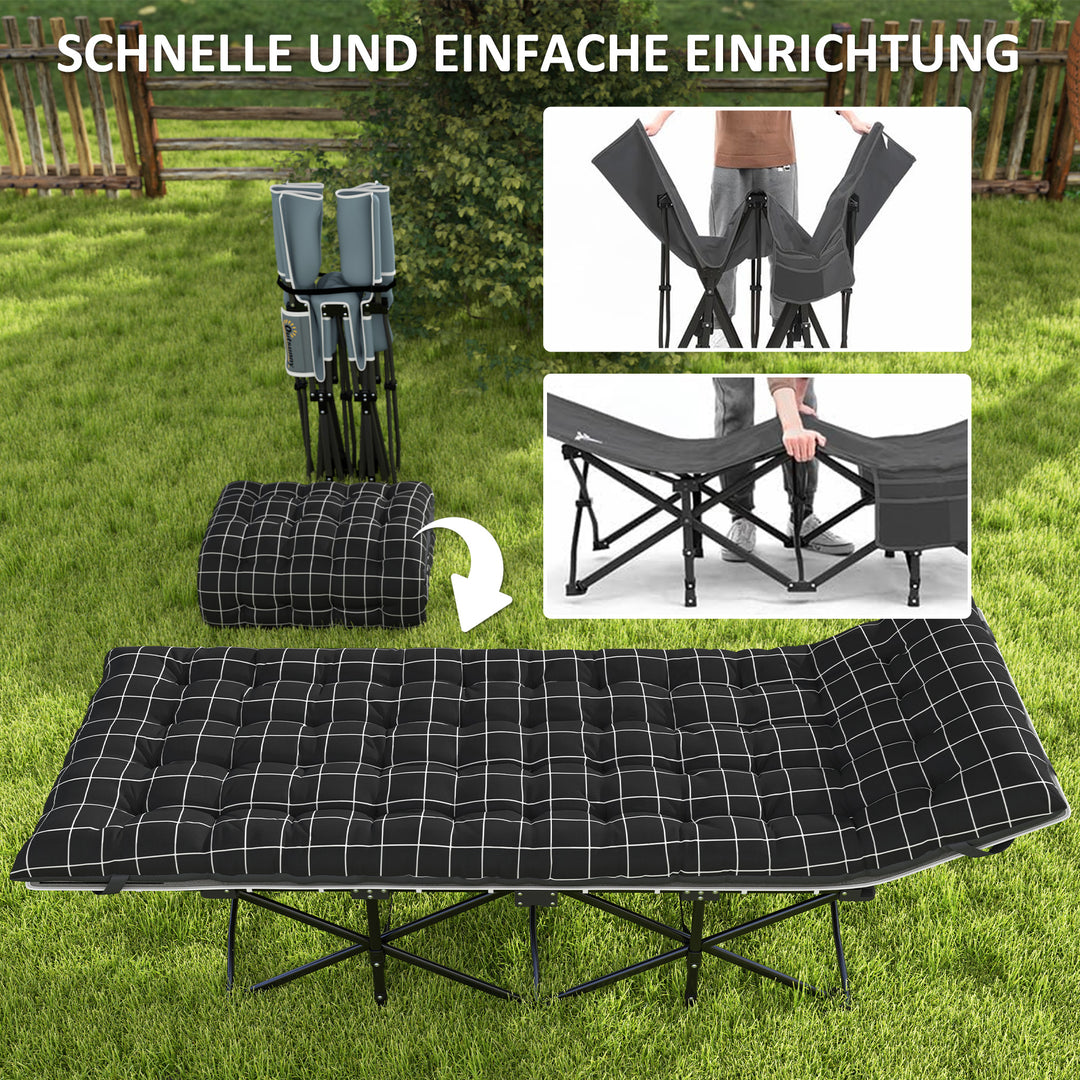 Sammenklappelig campingseng, feltseng med madras, ergonomisk, metalramme, sort