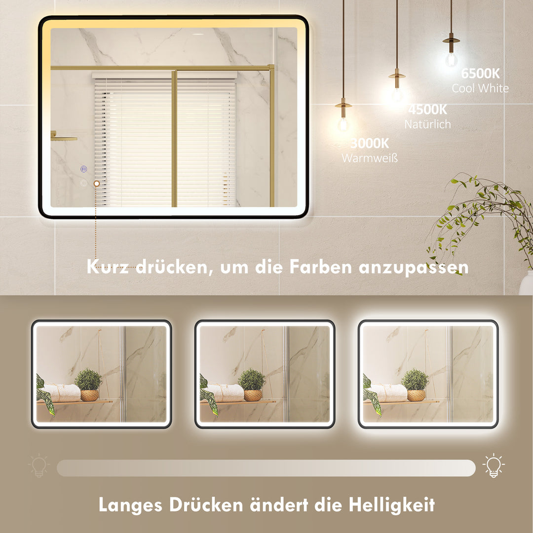 LED badeværelsesspejl, dugfrit, dæmpbart makeupspejl med belysning, 80 x 60 cm, sort ramme