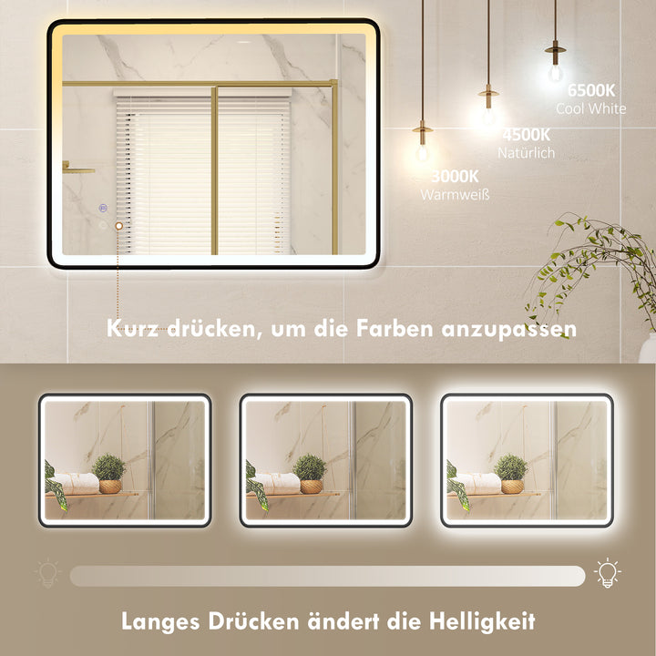 LED badeværelsesspejl, dugfrit, dæmpbart makeupspejl med belysning, 80 x 60 cm, sort ramme