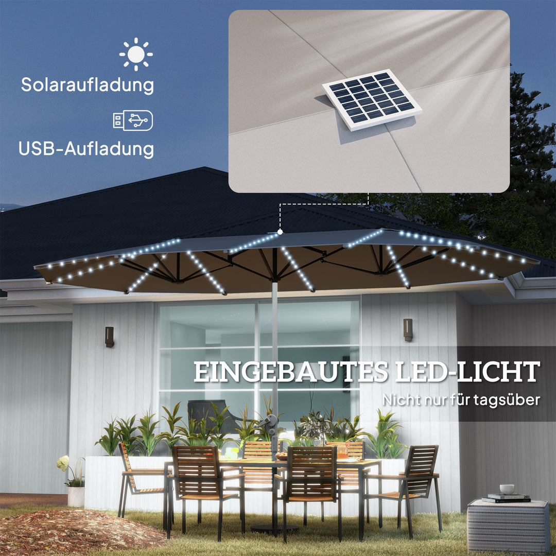 Dobbeltparasol med solcellelys, aluminium, polyester, upf 50+ beskyttelse, uv-resistent, terrasseparasol, mørkegrå