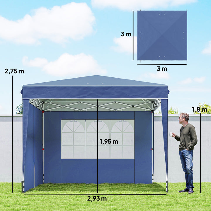 3 x 3 m vandtæt, højdejusterbar pop-up-foldepavillon med 2 sidepaneler, UV 50+, foldbar, mørkeblå