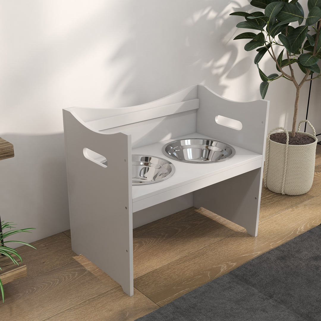 Foderstation til hunde, 2 skåle i rustfrit stål, højdejusterbar, 54x31,5x47cm, hvid