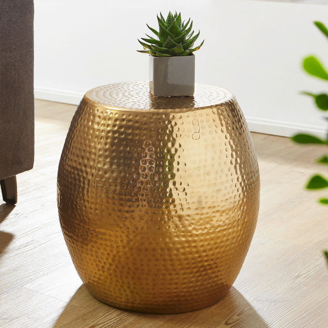 Sidebord 42 x 42 x 42 cm, aluminium, guld, dekorativt bord, orientalsk, rundt, designer sidebord, metal, moderne, smalt, lille hamret sidebord