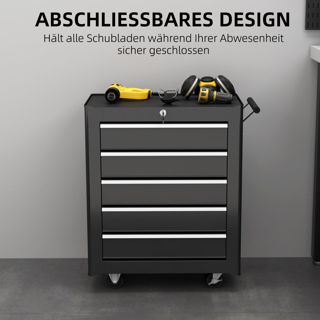 Værktøjskasse, værktøjsskab, sammenrullelig, 5 skuffer, stål, sort