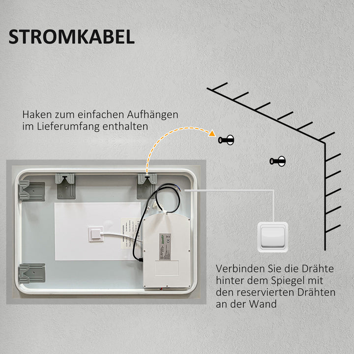 Badeværelsesspejl, baggrundsbelyst, touchfunktion, hukommelsesfunktion, dugfri, 70 x 50 cm