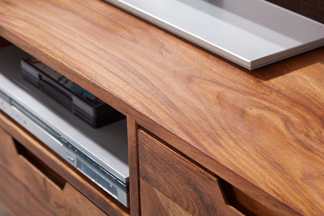 HiFi Lowboard Sheesham massivt træ landlig TV-skab 135x51x45cm, TV-bord med skuffe og 2 døre, TV-bord med opbevaringsrum, TV-kommode, TV-møbel