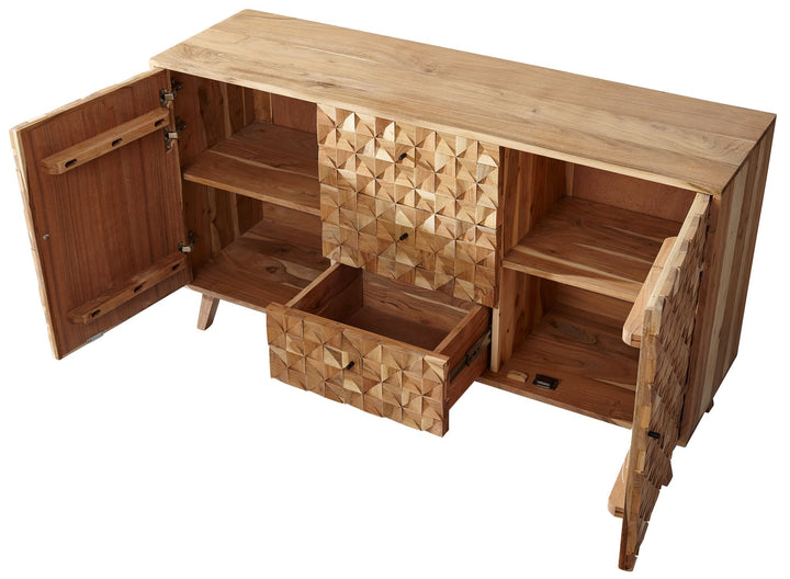 REWA skænk, 140x78,5x40 cm, massivt akacietræ, brun, landstil, kommode med 3 skuffer og 2 døre, entreskab, massivt træ, massiv trækommode, entrekommode