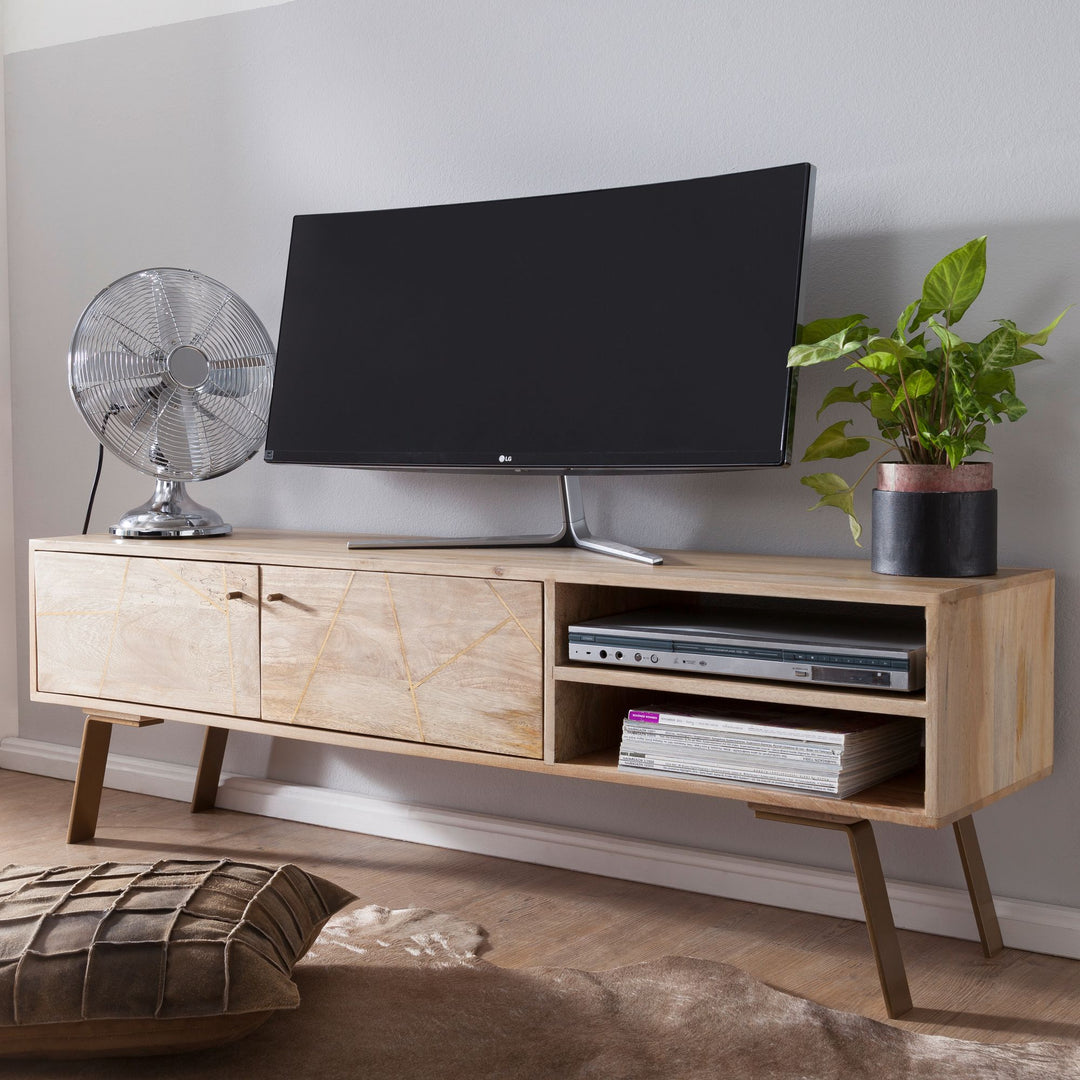 HiFi lavbord SIKAR Mango massivt træ landlig stil TV-skab 145x47x35cm, TV-bord med 2 døre, TV-bord med opbevaringsrum, TV-skab, TV-møbel, TV-bord til stue