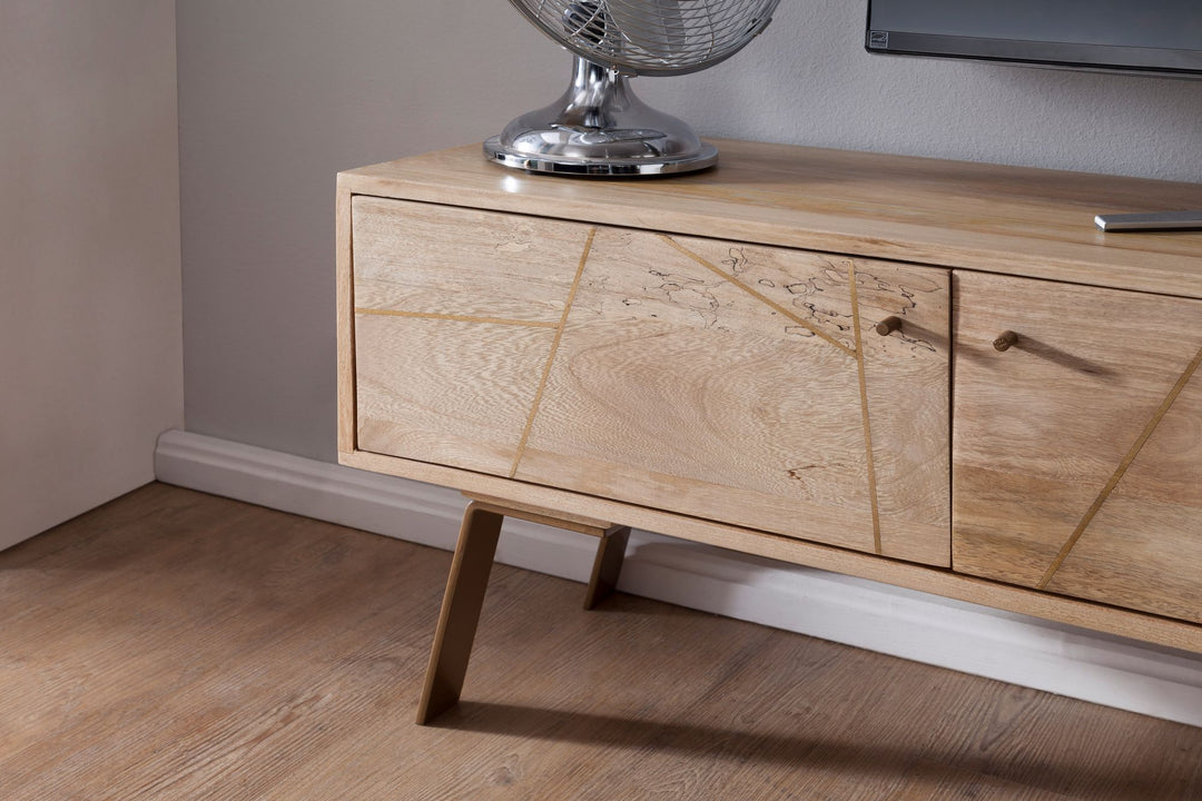 HiFi lavbord SIKAR Mango massivt træ landlig stil TV-skab 145x47x35cm, TV-bord med 2 døre, TV-bord med opbevaringsrum, TV-skab, TV-møbel, TV-bord til stue