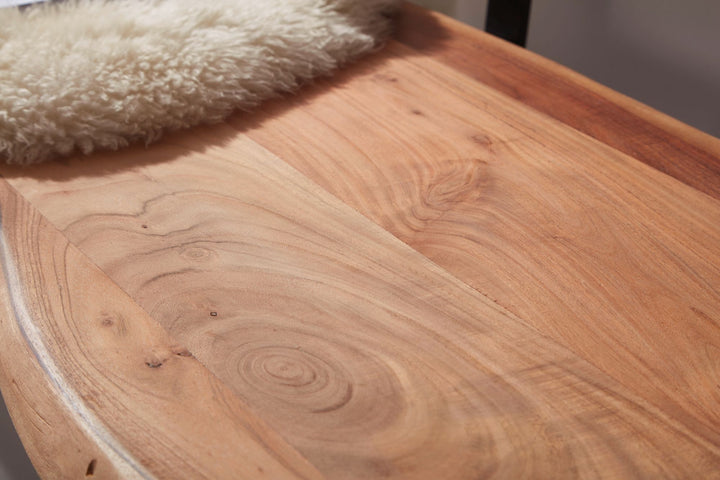 Spisebænk GAYA 160x83,5x60 cm, massiv akacietræsbænk med levende kant, træbænk med ryglæn, køkkenbænk, spisebænk, landlig træstil, køkkenbænk med træstamme, 3-personers, massivt træ