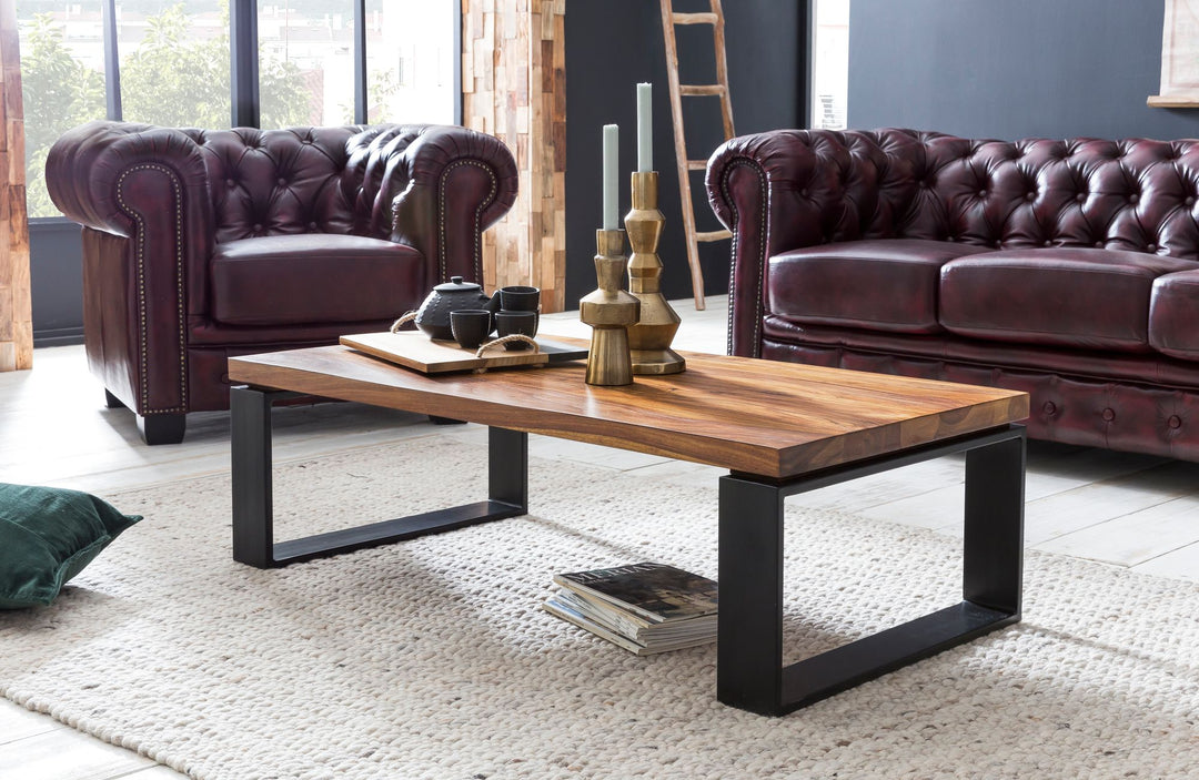 Sofabord WL5.650 Sheesham 115x35x60 cm Massivt træ sofabord med metalstel, rektangulært stuebord, massivt træ, brunt, moderne træbord, stuebord