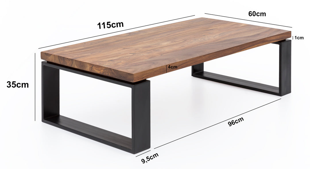 Sofabord WL5.650 Sheesham 115x35x60 cm Massivt træ sofabord med metalstel, rektangulært stuebord, massivt træ, brunt, moderne træbord, stuebord