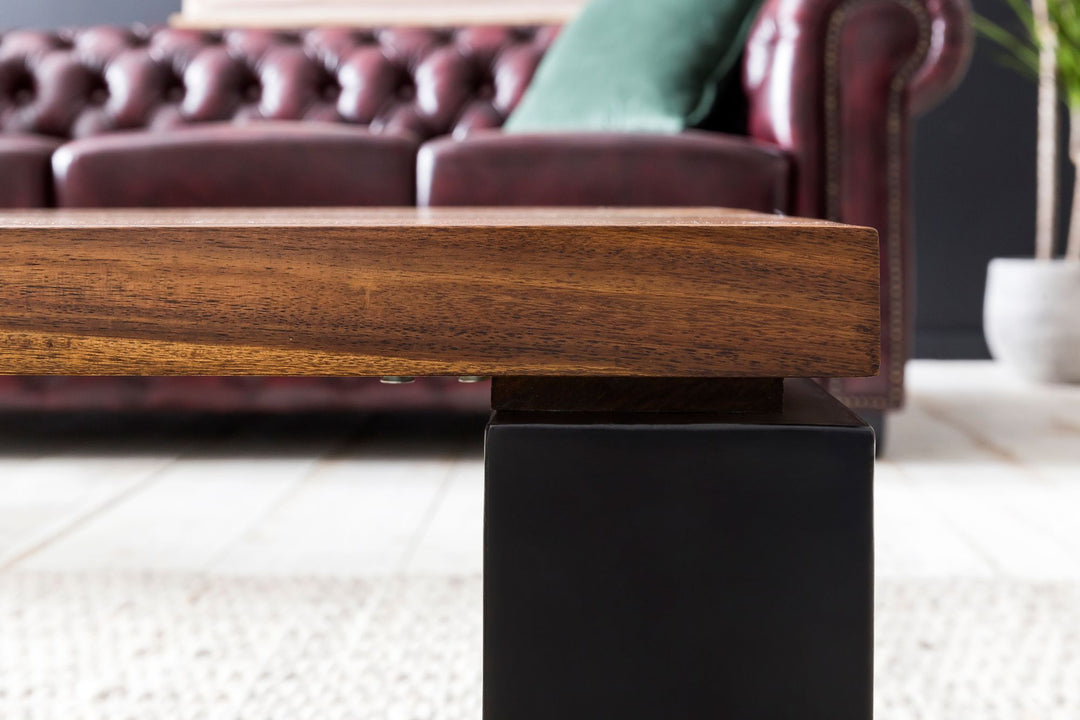 Sofabord WL5.650 Sheesham 115x35x60 cm Massivt træ sofabord med metalstel, rektangulært stuebord, massivt træ, brunt, moderne træbord, stuebord