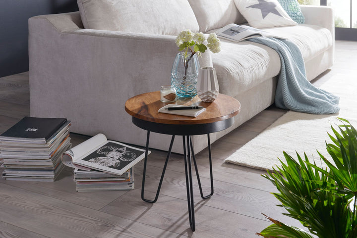 Sidebord 43x45x43 cm sofabord i sheeshamtræ, sofabord i industriel stil i massivt træ, træbord i metalben