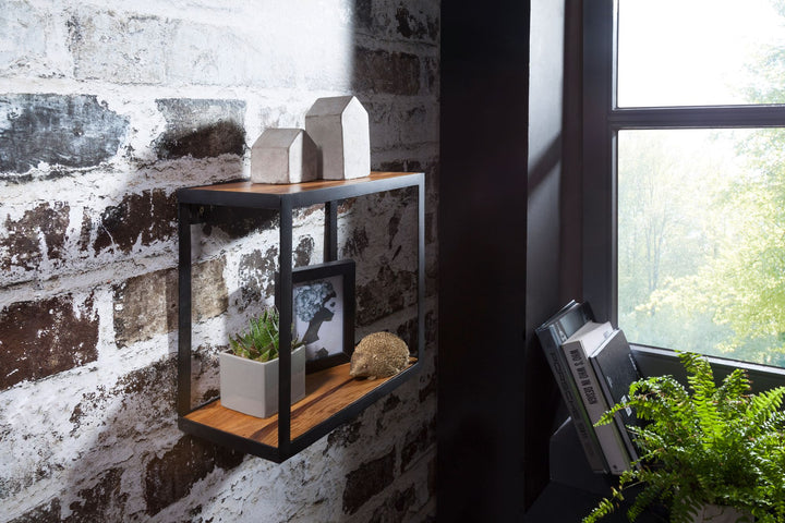 PURI væghylde 35x18x35 cm, massivt sheeshamtræ, hængende bogreol, metalhylde med hylde i ægte træ, lille firkantet træhylde, dekorativ kubehylde, industriel vægdekoration