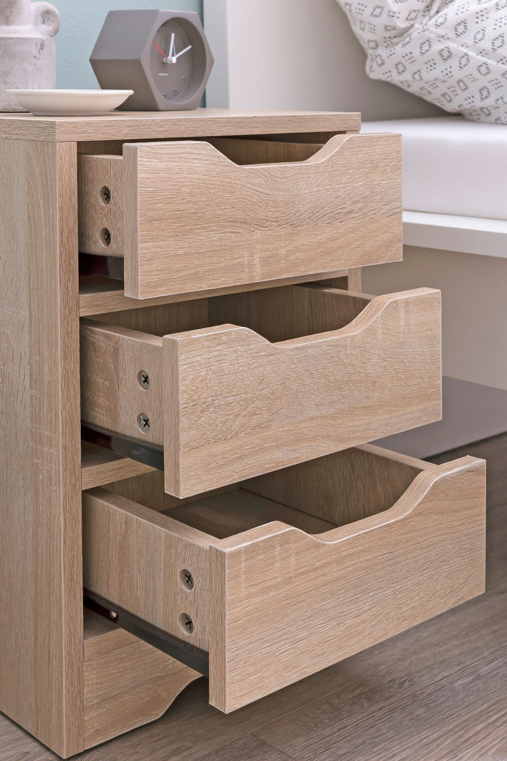 Natbord WL5.705 31x49x31 cm Sonoma med 3 skuffer, Brunt natbord med opbevaring, Enkelt moderne natbord, Lille natbord, Natbordskommode til soveværelse