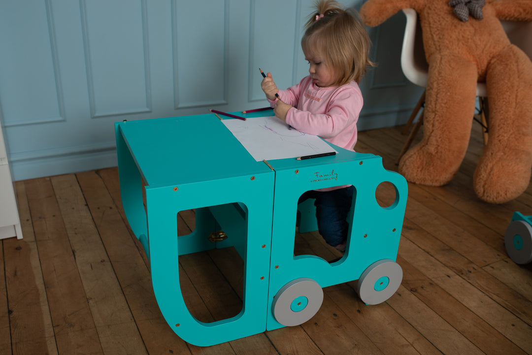 Køkkentrappe / montessori-læringstårn: bord, stol og trappe i ét til barn, blå