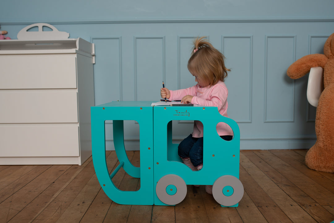 Køkkentrappe / montessori-læringstårn: bord, stol og trappe i ét til barn, blå