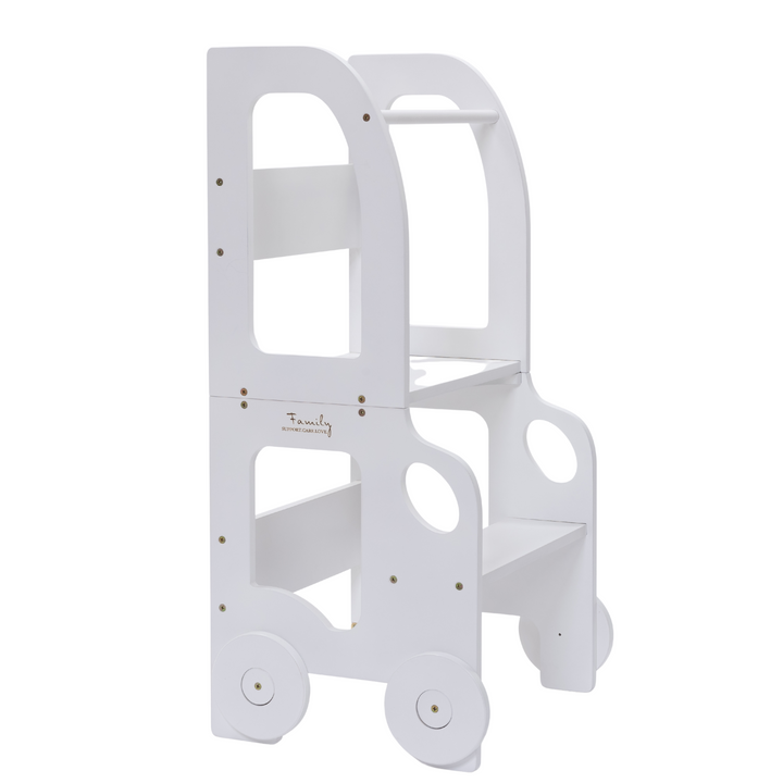 Køkkentrappe / montessori-læringstårn: bord, stol og trappe i ét til barn, hvid