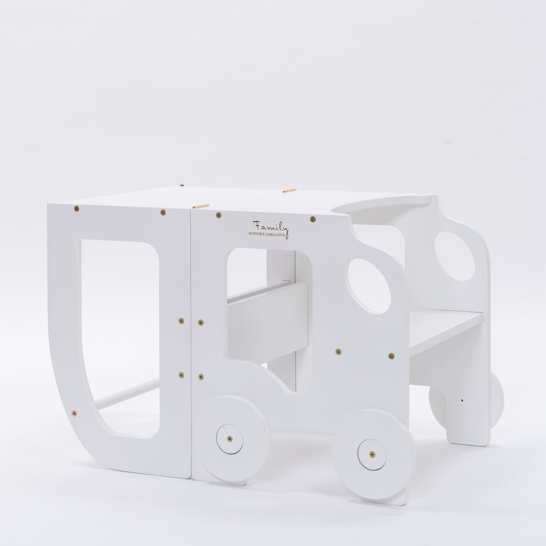 Køkkentrappe / montessori-læringstårn: bord, stol og trappe i ét til barn, hvid