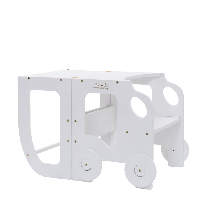 Køkkentrappe / montessori-læringstårn: bord, stol og trappe i ét til barn, hvid