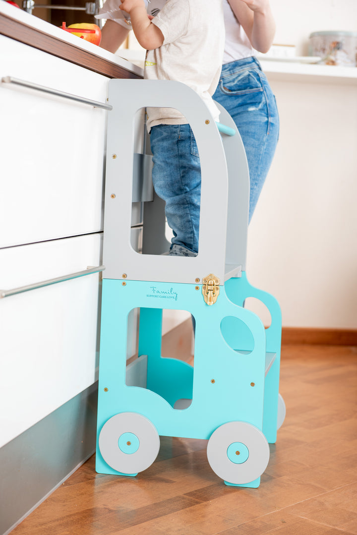 Køkkentrappe / montessori-læringstårn: bord, stol og trappe i ét til barn, blå og grå