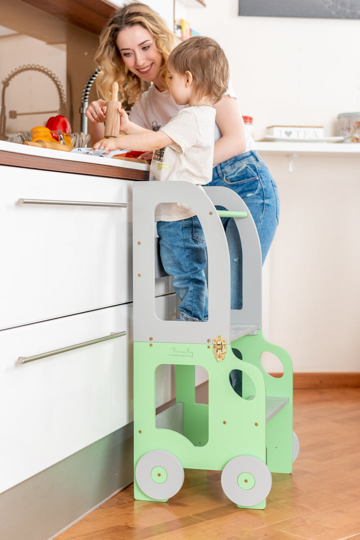 Køkkentrappe / montessori-læringstårn: bord, stol og trappe i ét til barn, grøn og grå