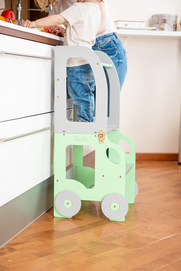 Køkkentrappe / montessori-læringstårn: bord, stol og trappe i ét til barn, grøn og grå